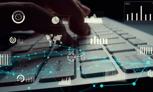 Creative visual of business big data and finance analysis on computer showing concept of statistical investment decision making methodology, fintech and financial engineering .